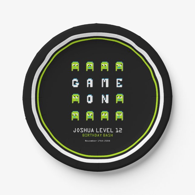 Alien monster pixel graphic character kids party paper plates (Front)