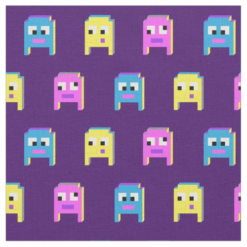 Alien monsters pixel graphic pink yellow blue fabric