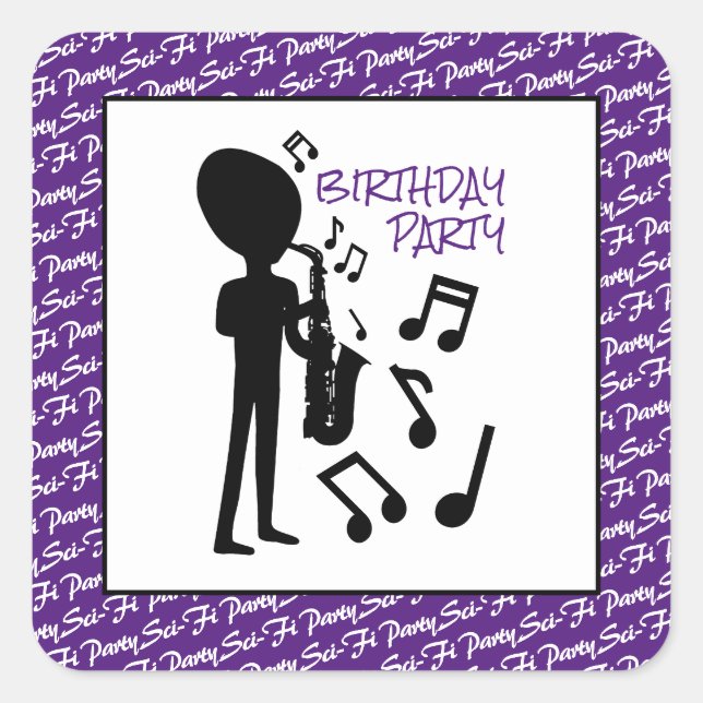 Alien Musician, Birthday Square Sticker (Front)