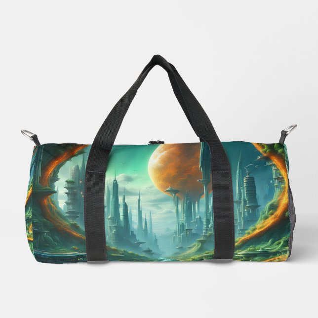 Alien Nature & Futuristic City Surreal Sci-Fi Art Duffle Bag (Front)