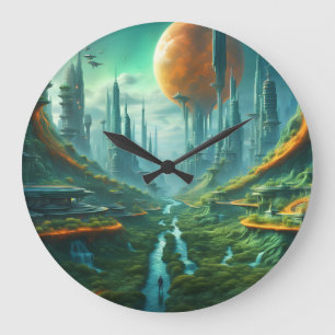 Alien Nature & Futuristic City Surreal Sci-Fi Art Large Clock