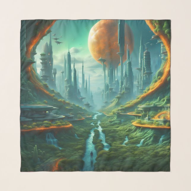 Alien Nature & Futuristic City Surreal Sci-Fi Art Scarf (Front)