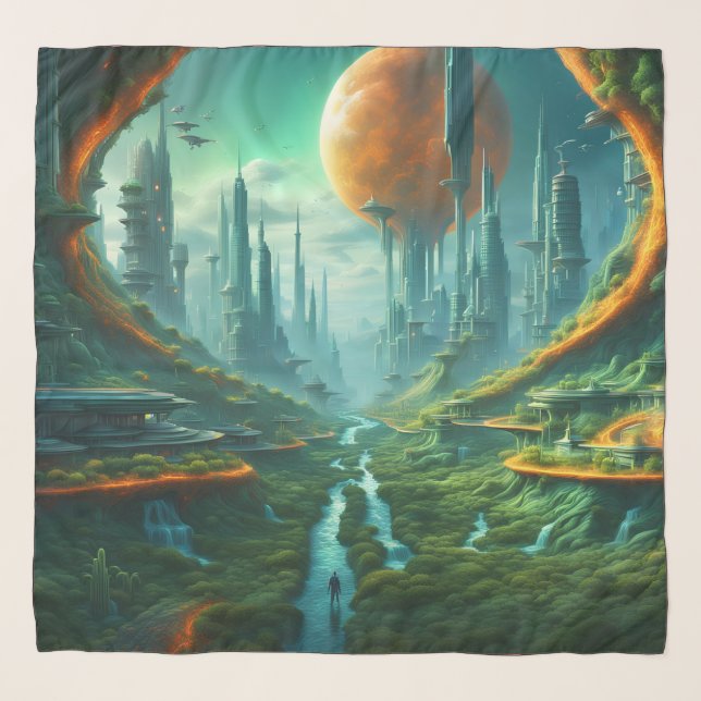 Alien Nature & Futuristic City Surreal Sci-Fi Art Scarf (Front)
