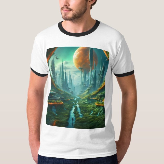 Alien Nature & Futuristic City Surreal Sci-Fi Art T-Shirt (Front)
