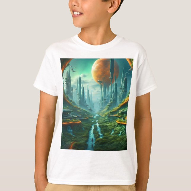 Alien Nature & Futuristic City Surreal Sci-Fi Art T-Shirt (Front)