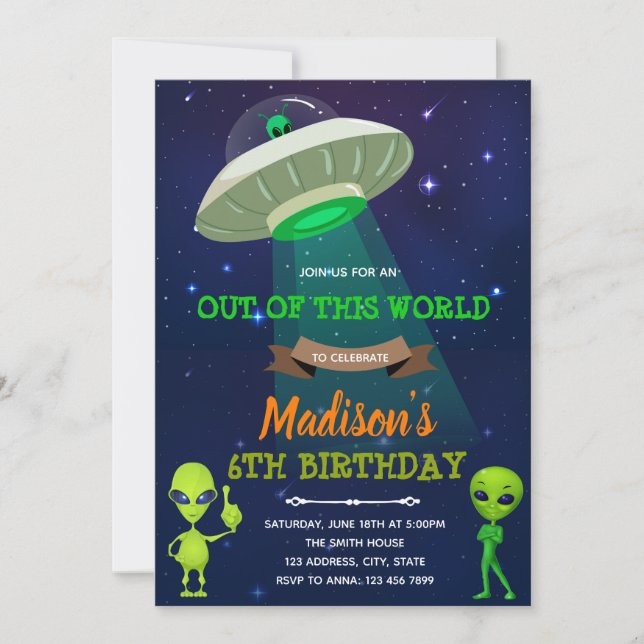 Alien OUT OF THIS WORLD birthday invite (Front)
