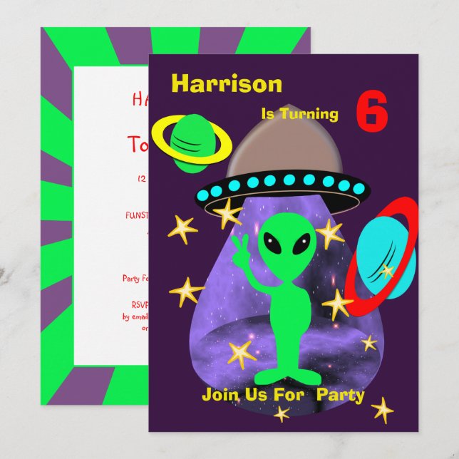 Alien Outer Space Kids Fun Cute Birthday Party Invitation (Front/Back)