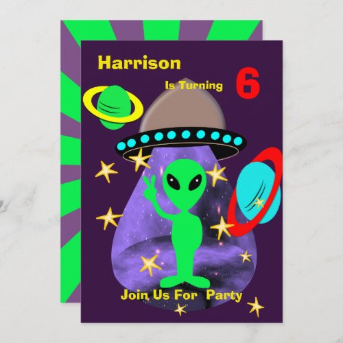 Alien Outer Space Kids Fun Cute Birthday Party Invitation