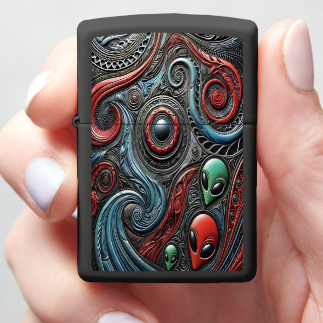 Alien Patterns Unveiling Cosmic Secrets Zippo Lighter (In Hand)