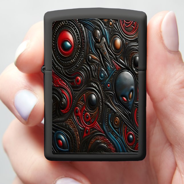 Alien Patterns Unveiling Cosmic Secrets Zippo Lighter (In Hand)