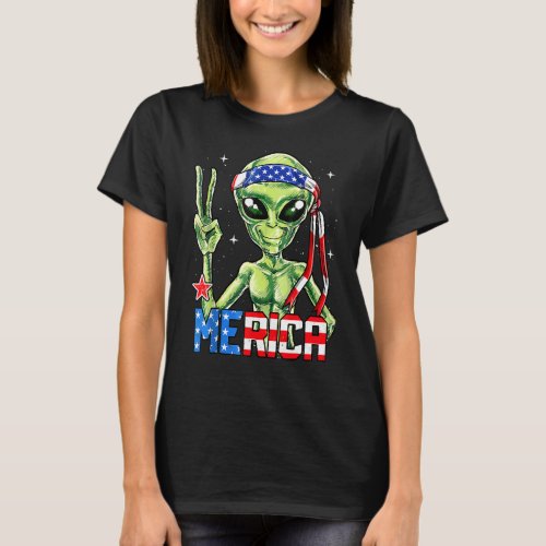 Alien Peace Sign 4th Of July Merica Ufo American F T_Shirt