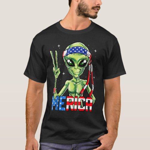 Alien Peace Sign 4th Of July Merica Ufo American F T_Shirt