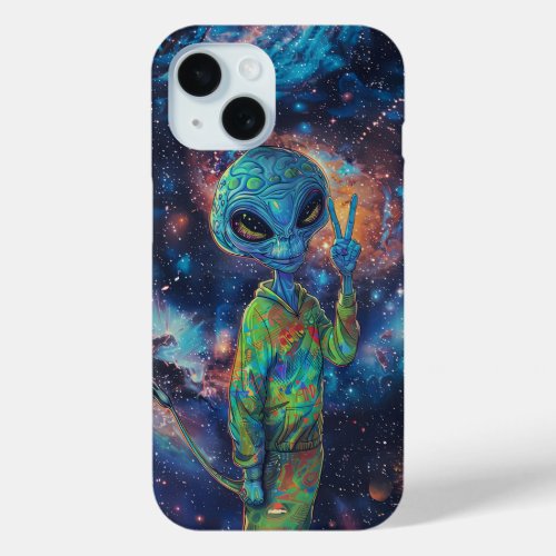 Alien Peace Sign Sci_Fi Galaxy Cosmos Fantasy UFO iPhone 15 Case