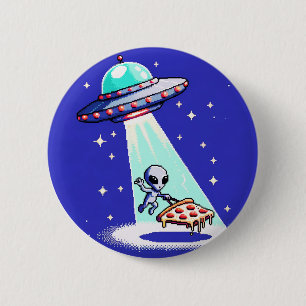 Alien Pizza Abduction - Funny Pixel Art UFO Design Button