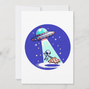 Alien Pizza Abduction - Funny Pixel Art UFO Design Holiday Card