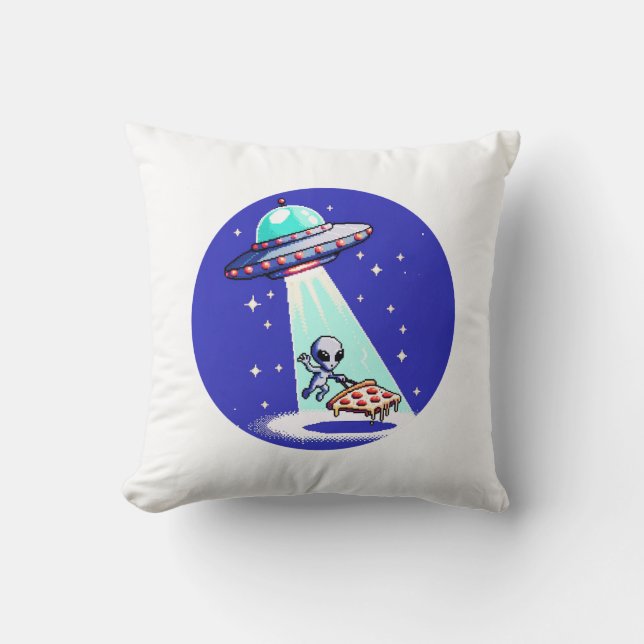 Alien Pizza Abduction - Funny Pixel Art UFO Design Throw Pillow (Front)