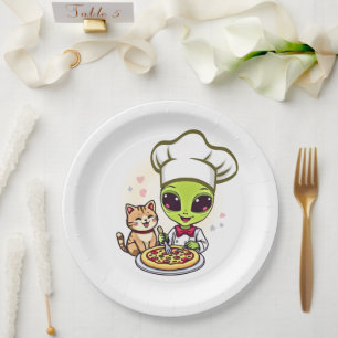 Alien Pizza Chef Cat Cartoon Art Paper Plates