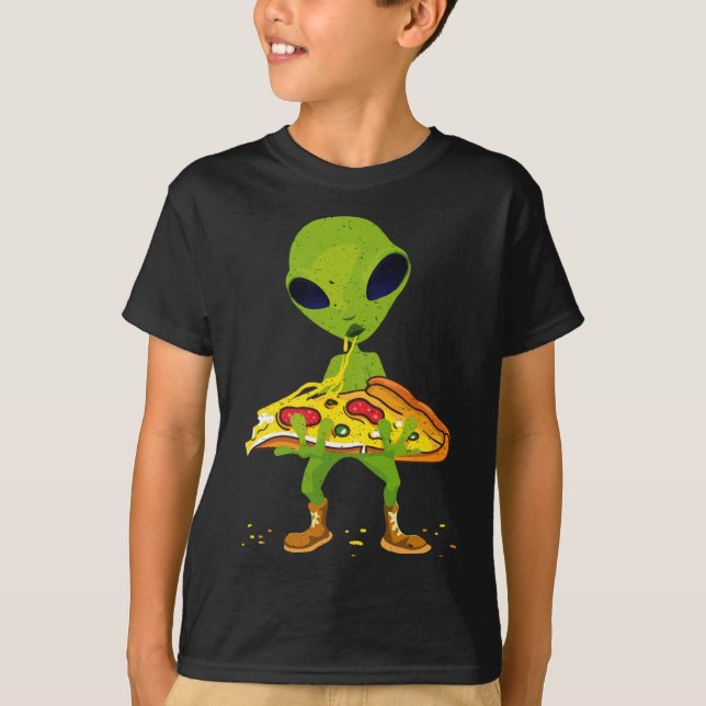 Alien Pizza Eating Peace Funny Space Food Lover T-Shirt (Front)