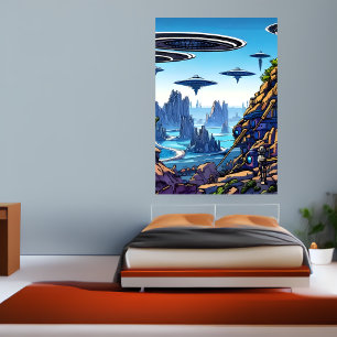 Alien planet, alien flying machine AI Art Poster