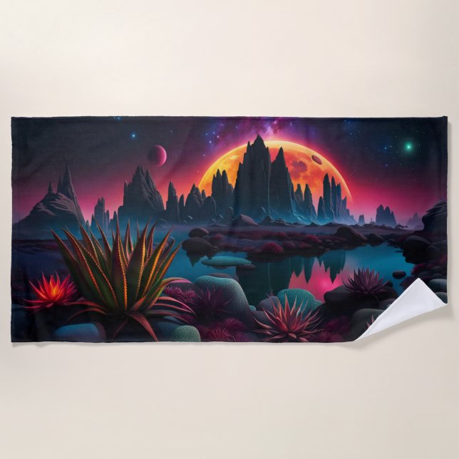 Alien planet Setting Moon Beach Towel (Front)