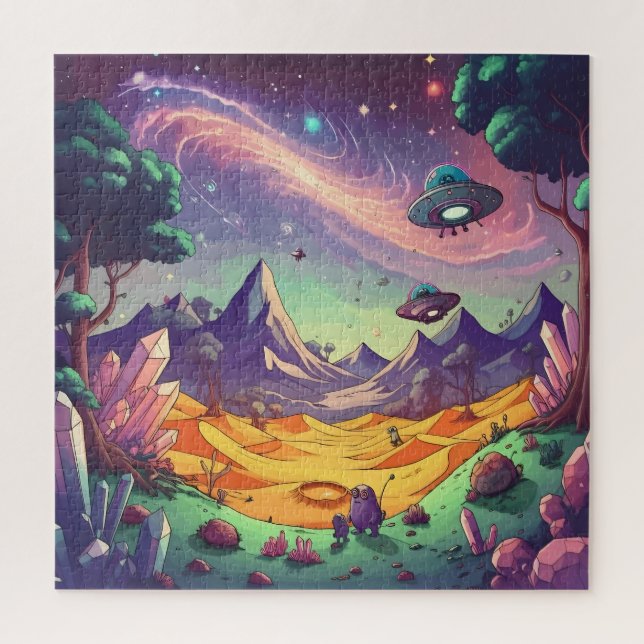 Alien Planet UFO Gemstones Violet Mountains Jigsaw Puzzle (Vertical)
