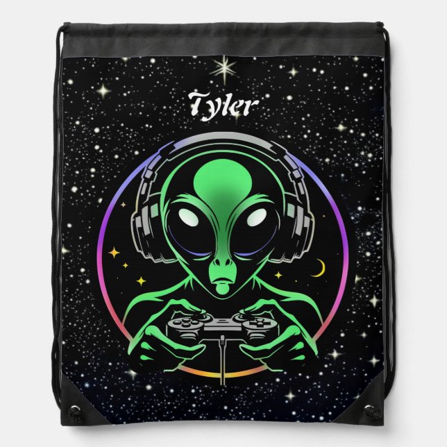 Alien Playing Video Games | Stellar Game Smasher Drawstring Bag (Front)