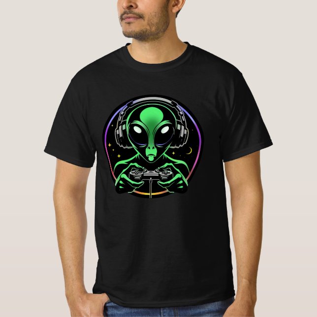 Alien Playing Video Games | Stellar Game Smasher T-Shirt (Front)