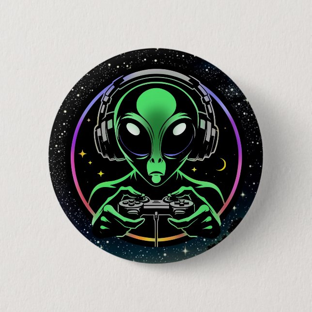 Alien Playing Video Games with Star Background Button (Front)