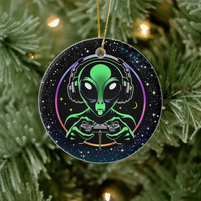 Alien Playing Video Games with Star Background Ceramic Ornament (Tree)