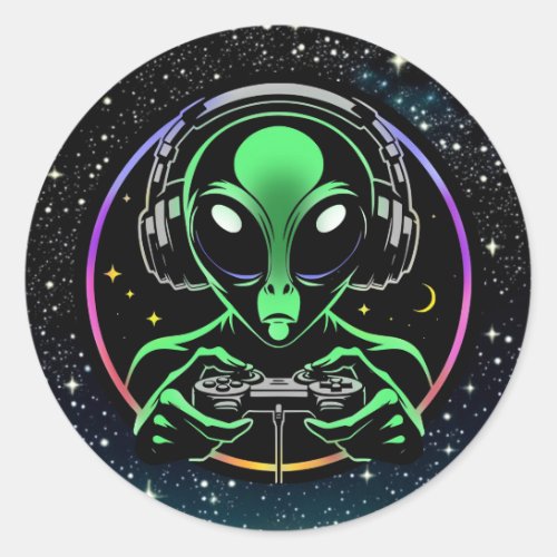 Alien Playing Video Games with Star Background Classic Round Sticker