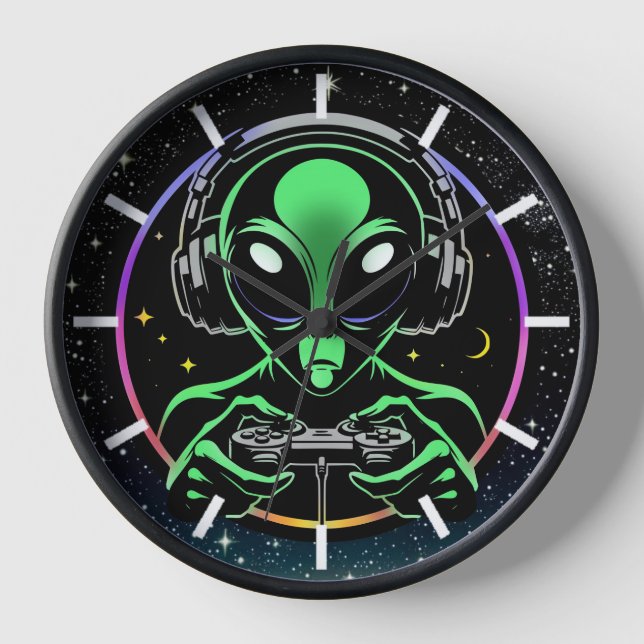 Alien Playing Video Games with Star Background Clock (Front)