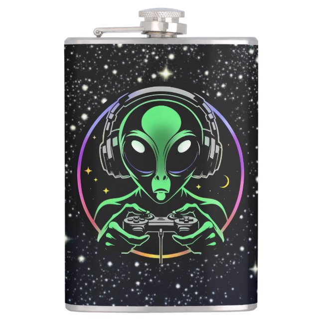 Alien Playing Video Games with Star Background Flask (Front)