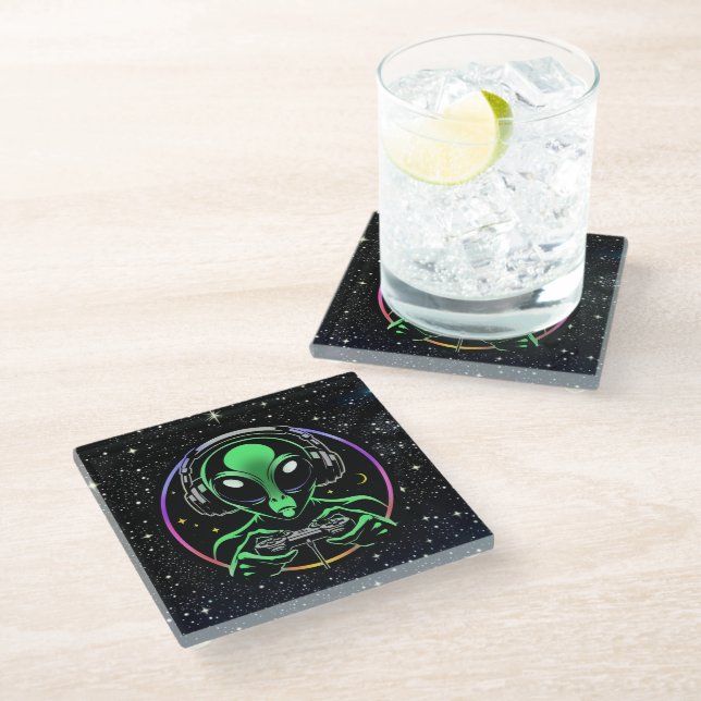 Alien Playing Video Games with Star Background Glass Coaster (Angled)