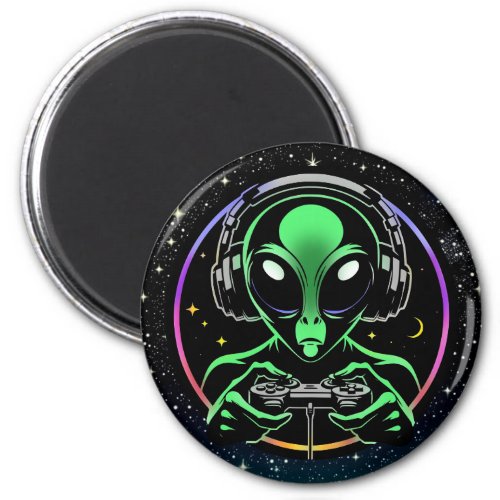 Alien Playing Video Games with Star Background Magnet