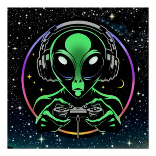 Alien Playing Video Games with Star Background Poster