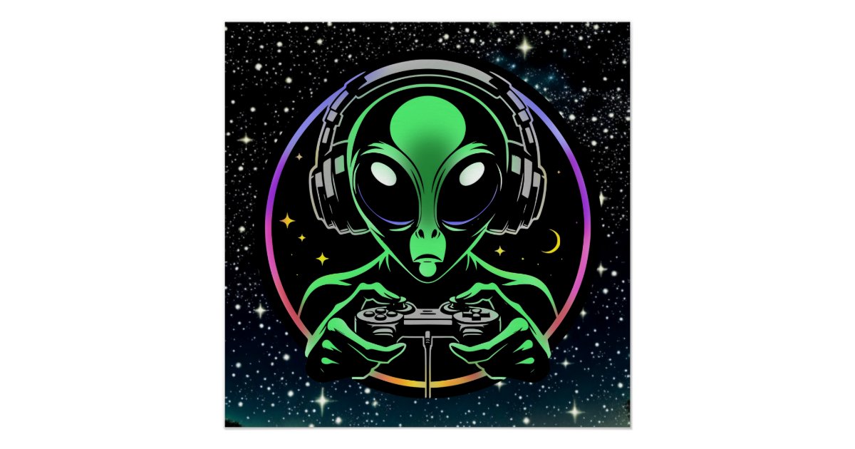 Alien Playing Video Games with Star Background Poster | Zazzle