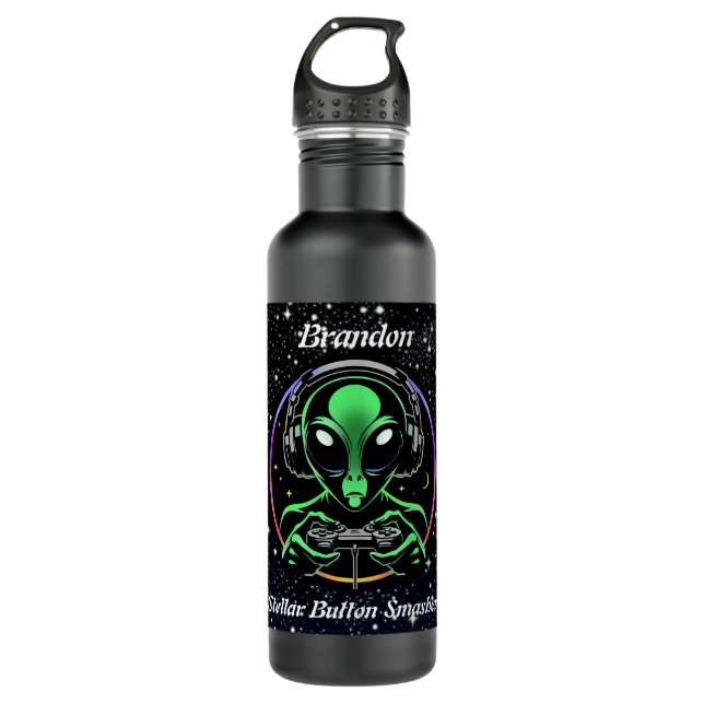Alien Playing Video Games with Star Background Stainless Steel Water Bottle (Front)
