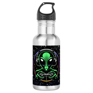 Alien Playing Video Games with Star Background Stainless Steel Water Bottle