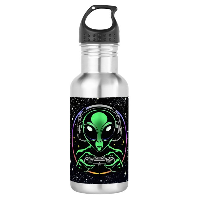 Alien Playing Video Games with Star Background Stainless Steel Water Bottle (Front)