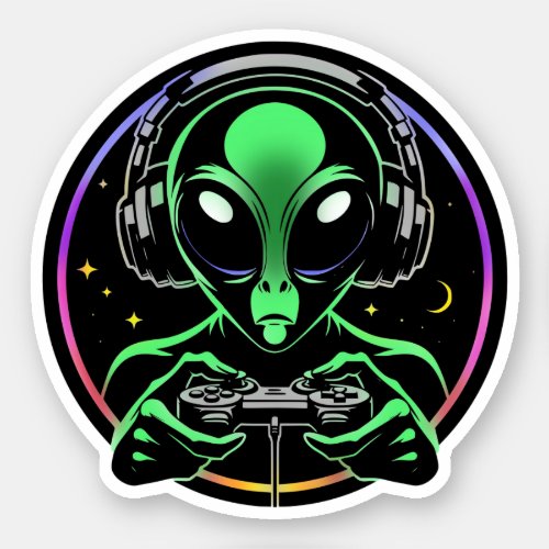 Alien Playing Video Games with Star Background Sticker