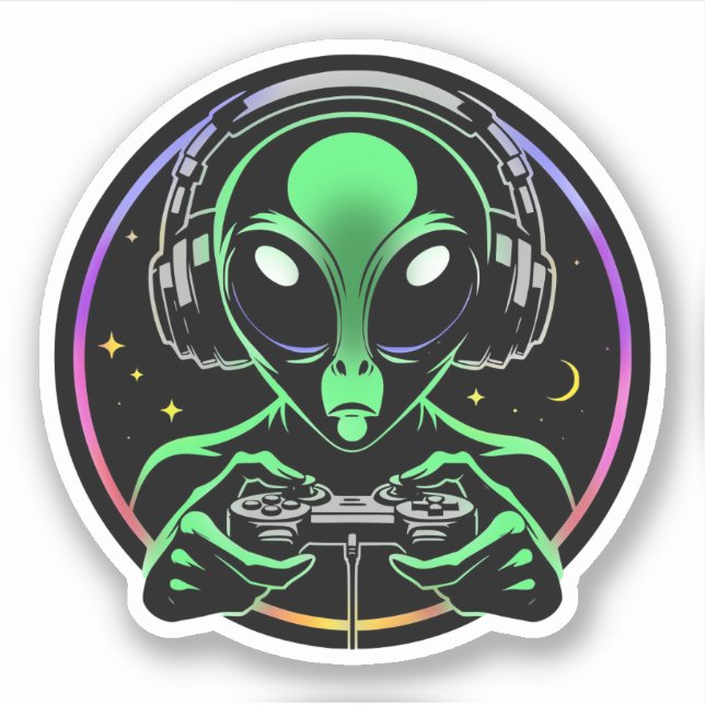 Alien Playing Video Games with Star Background Sticker (Front)