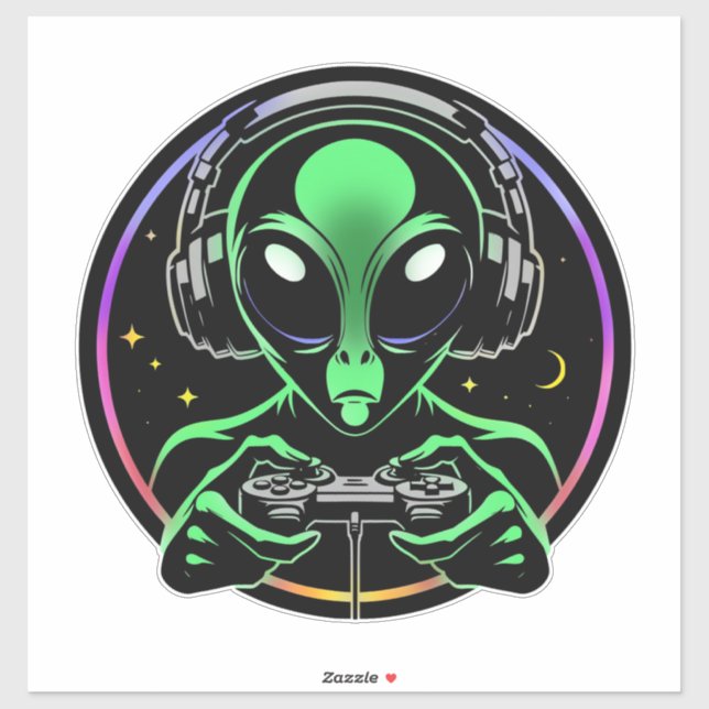 Alien Playing Video Games with Star Background Sticker (Sheet)