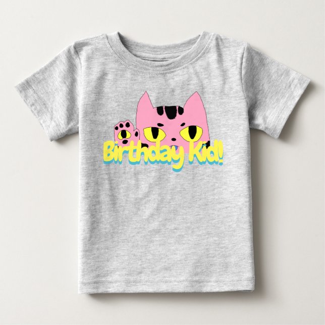 Alien Pocket Cat Birthday Kid Pink Cartoon Cat Baby T-Shirt (Front)