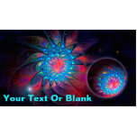 Alien Probe Statuette<br><div class="desc">A very colorful,  swirling,  fractal image appears twice. Once superimposed on a starry,  outer space background; a second time on a small sphere surrounded by a glowing aura. Perhaps a probe launched from a mother ship; or a cosmic egg.  Add your own text.</div>