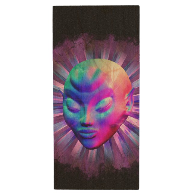 Alien Psychedelic Meditation Wood Flash Drive (Front Vertical)