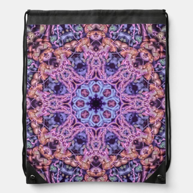 Alien Purple Psychedelic Kaleidoscopic Mandala Drawstring Bag (Front)