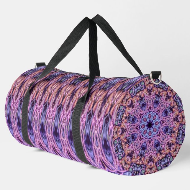 Alien Purple Psychedelic Kaleidoscopic Mandala Duffle Bag (Left Corner)