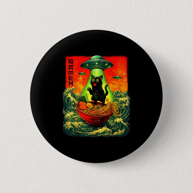 Alien Ramen Cat Ufo Japanese Retro Art Gifts Men W Button (Front)