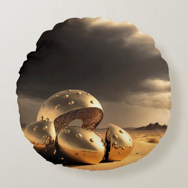 Alien Relics in the Desert Round Pillow (Front)