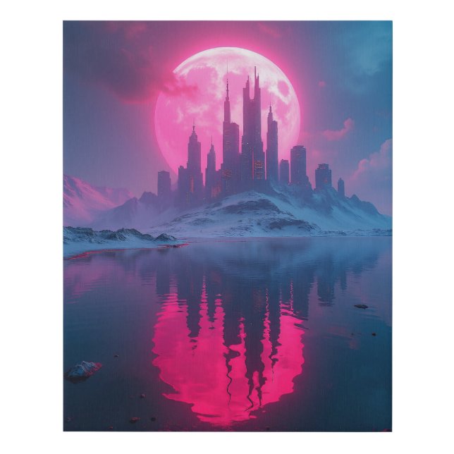 Alien Retro-Futuristic City with Neon Pink Moon –  Faux Canvas Print (Front)